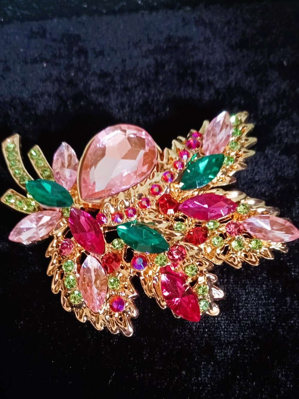 Pink & Green Crystal Rhinestone Brooch
